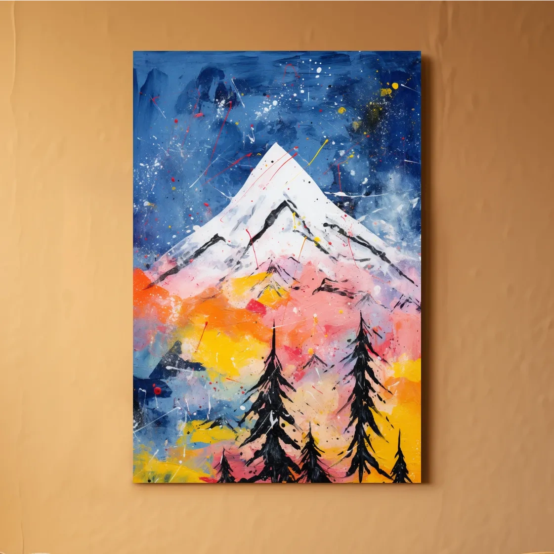 Vibrant Abstract Mountain Peak Sunset Painting - Colorful Acrylic Splash Forest Wall Art