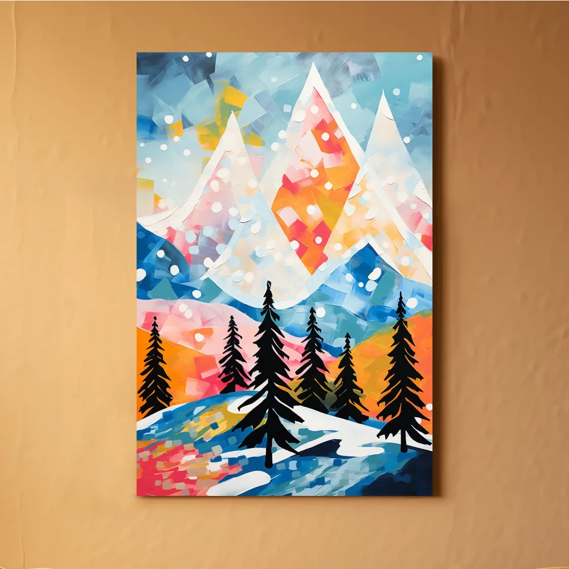 Simple colourful abstract painting of a snowy mountain scene