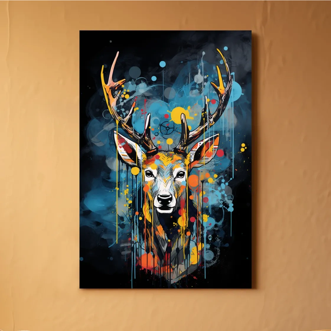 Deer head painting in a graffiti dripping style
