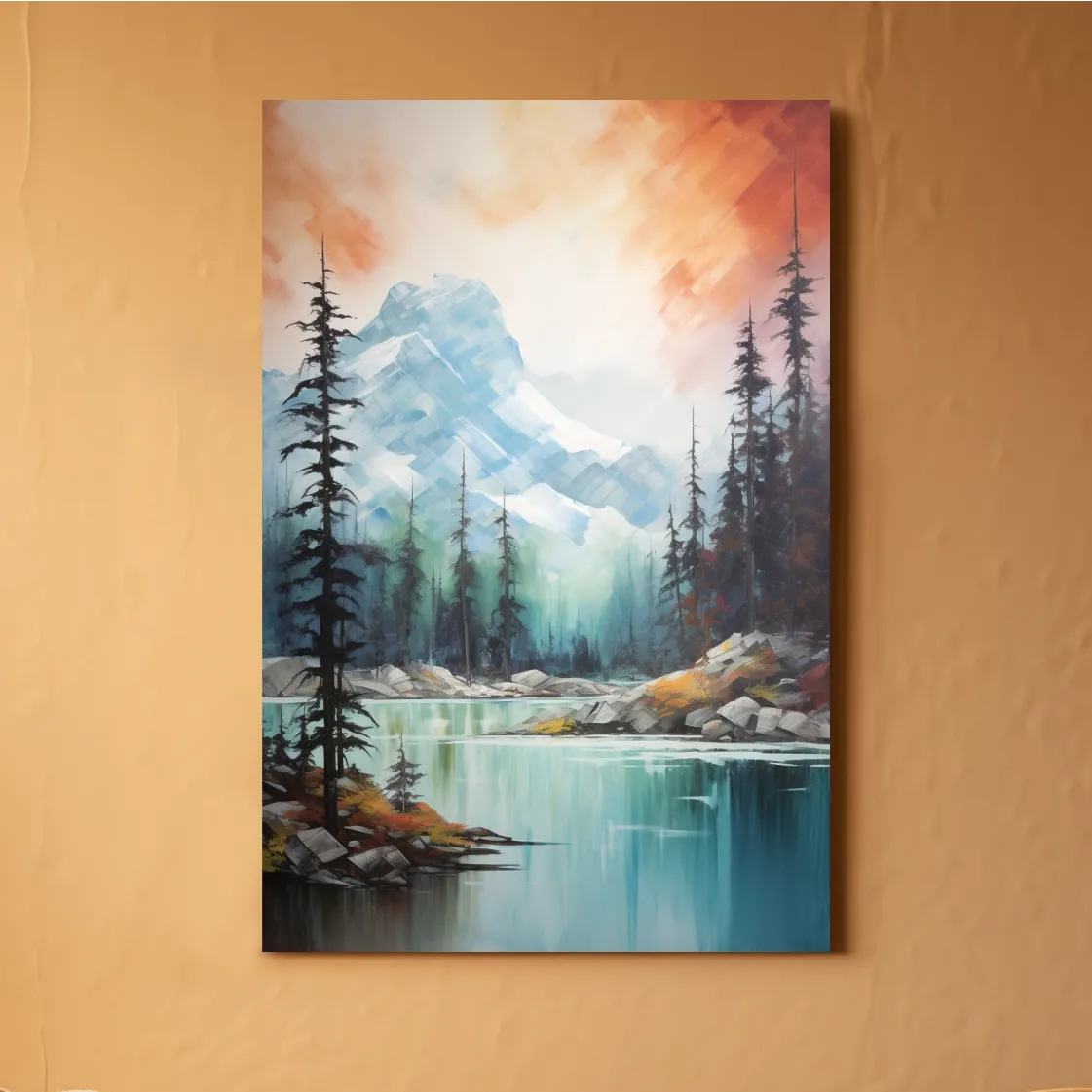 Beautiful mountain painting, turquoise lake in the alpine at sunset
