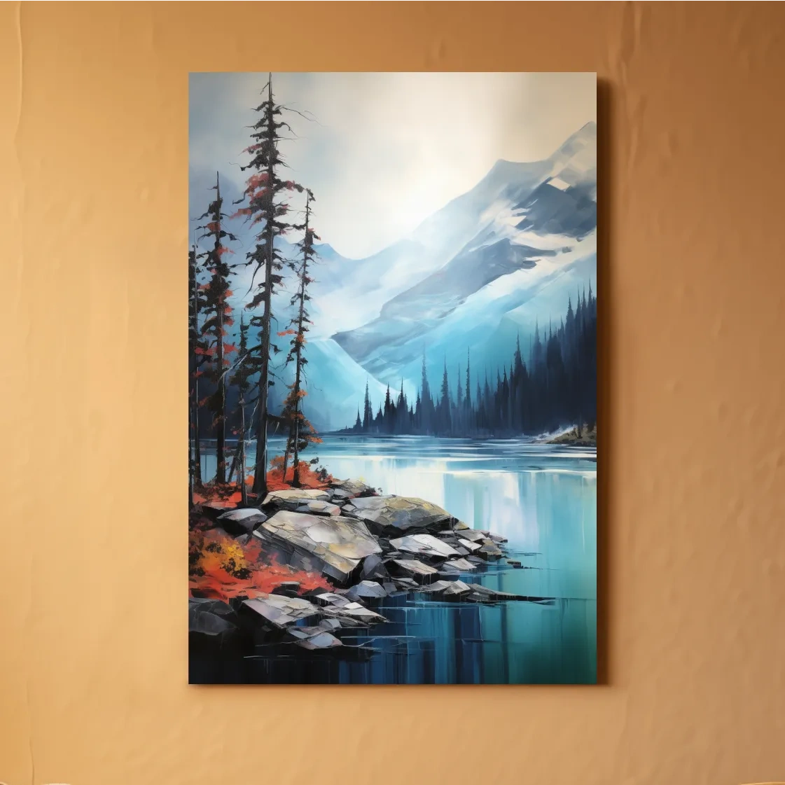 Serene painting, trees on a torquoise alpine lake