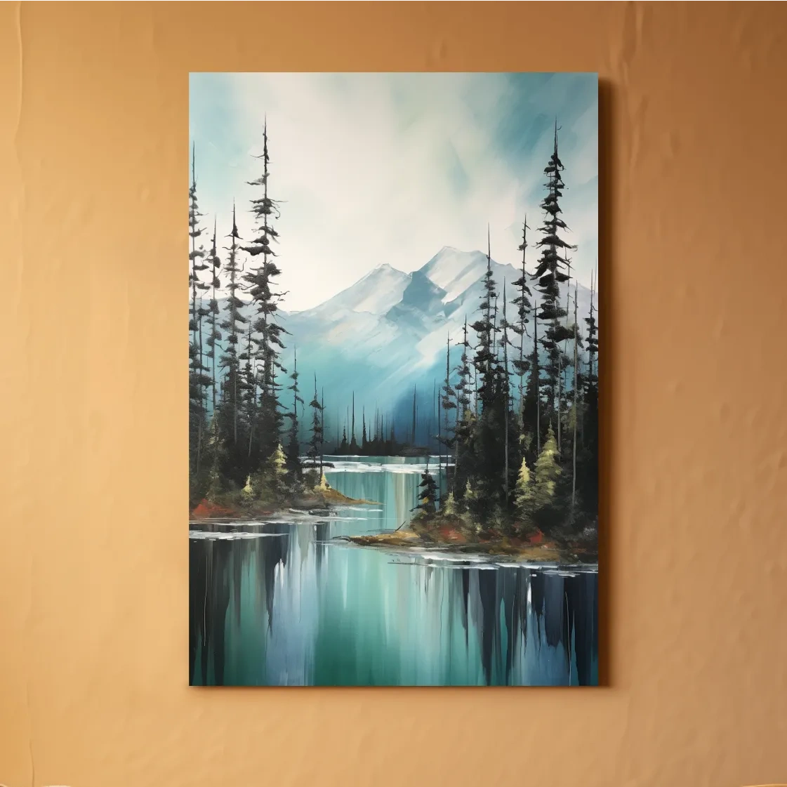 Alpine Turquoise Lake Watercolor Landscape - Serene Pine Forest Nature Wall Art