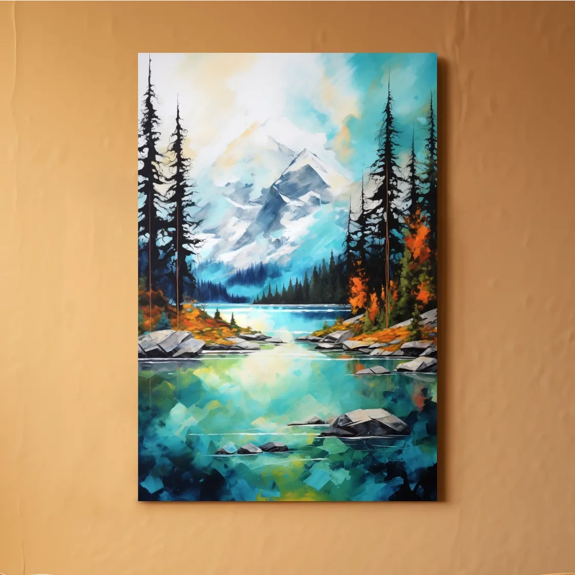 Turquoise Alpine Lake Mountain Painting - Colorful Watercolor Forest Wall Art