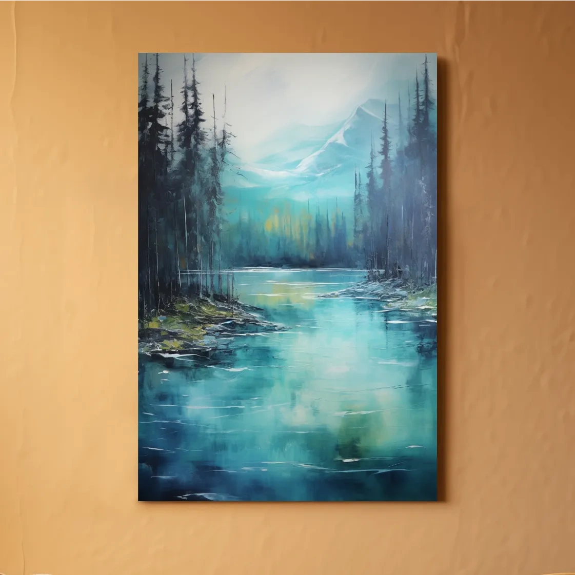 Thick oil painting, trees on a torquoise alpine lake