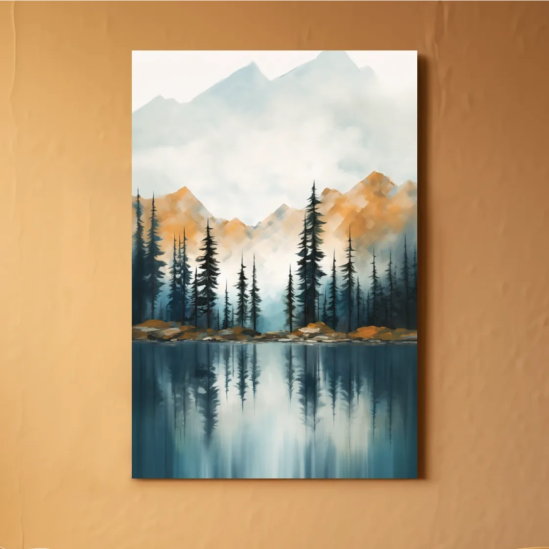 Misty Watercolor Mountain Lake Reflection - Serene Pine Forest Landscape Wall Art