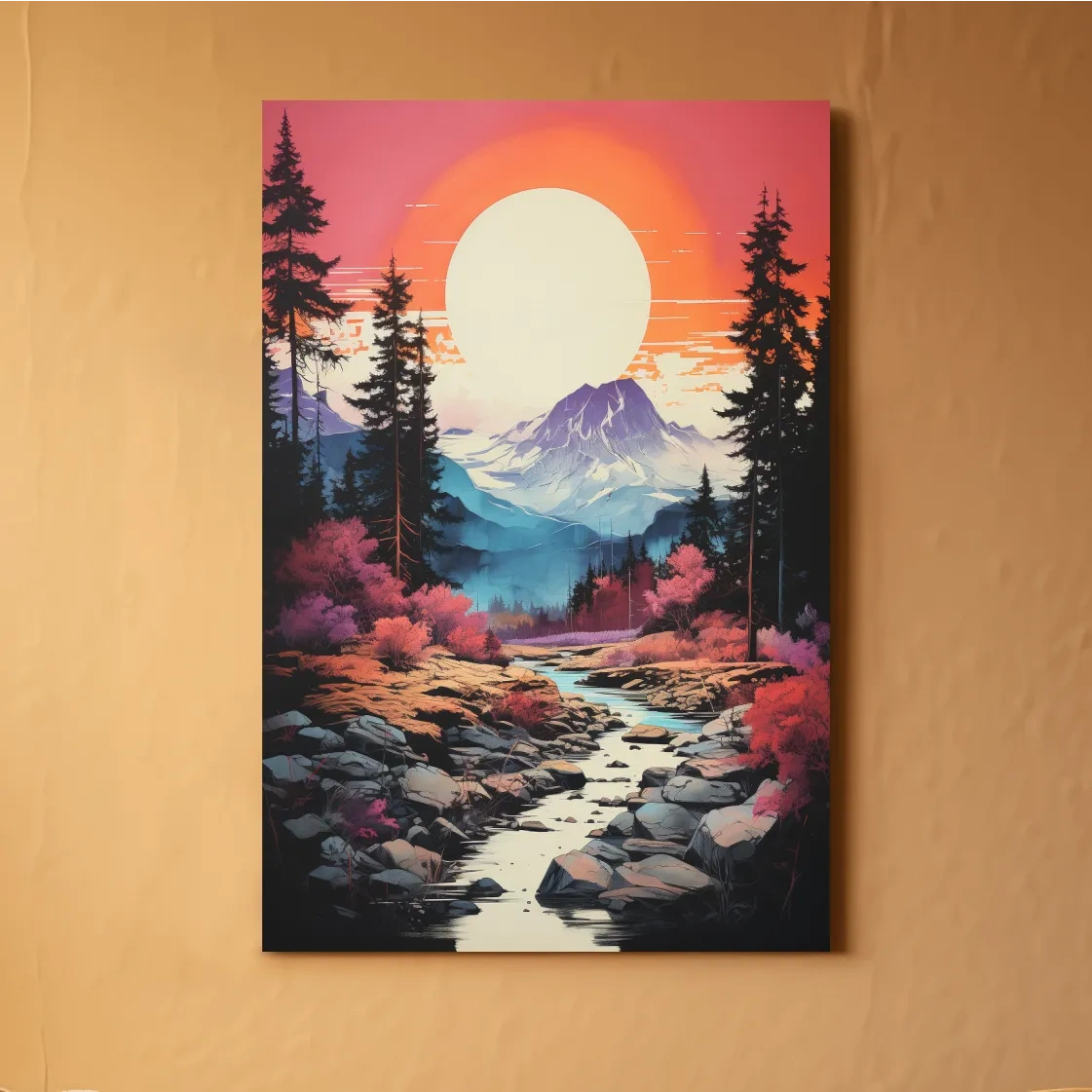 Colorful alpine scene at sunset, illustration