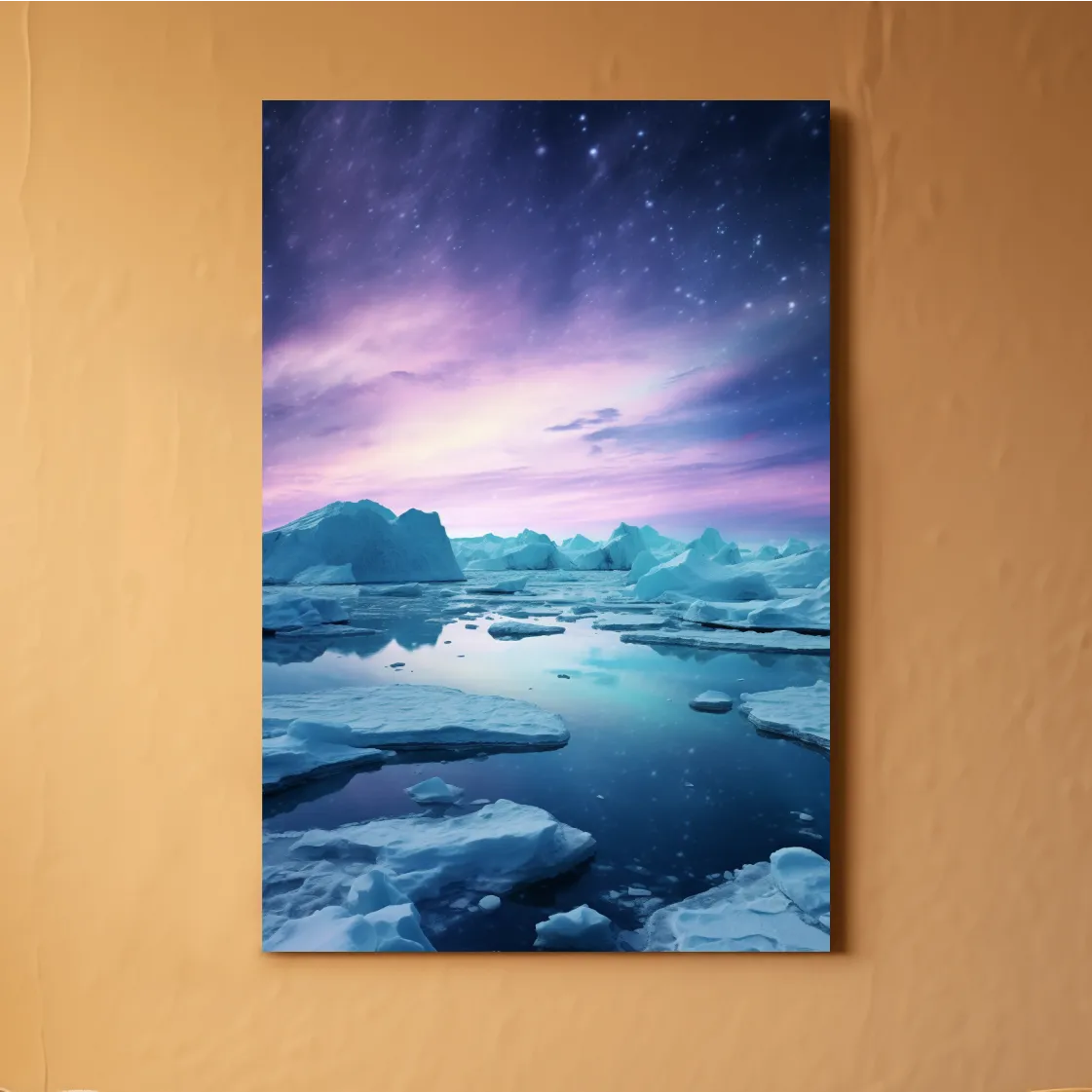 Surreal photography, purple northern lights over the arctic ice