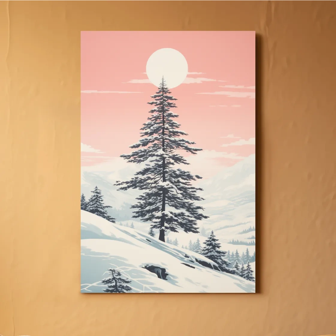 Minimal art, snow covered pine tree at sunset