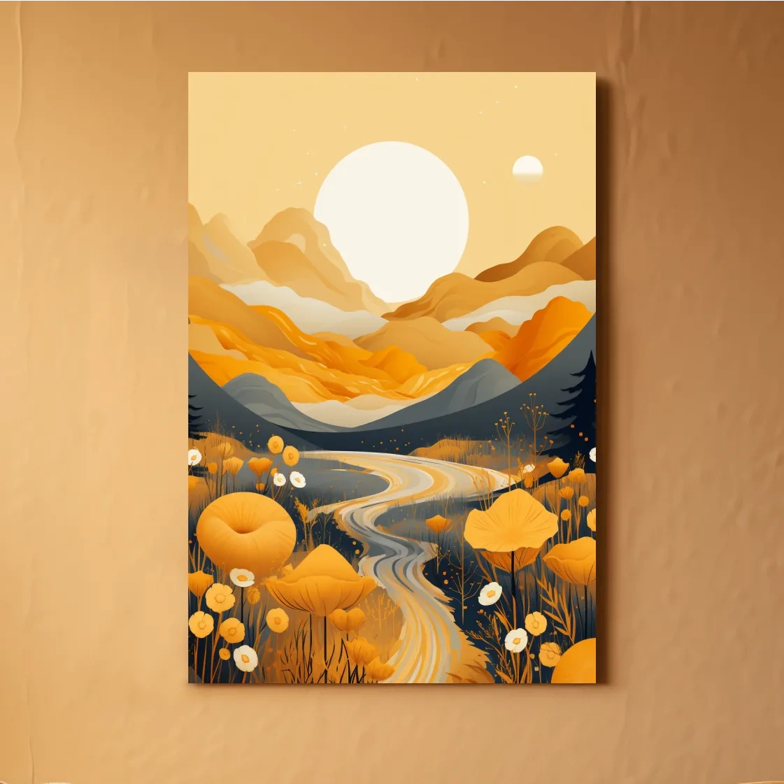 Bright illustration, river running through the meadows