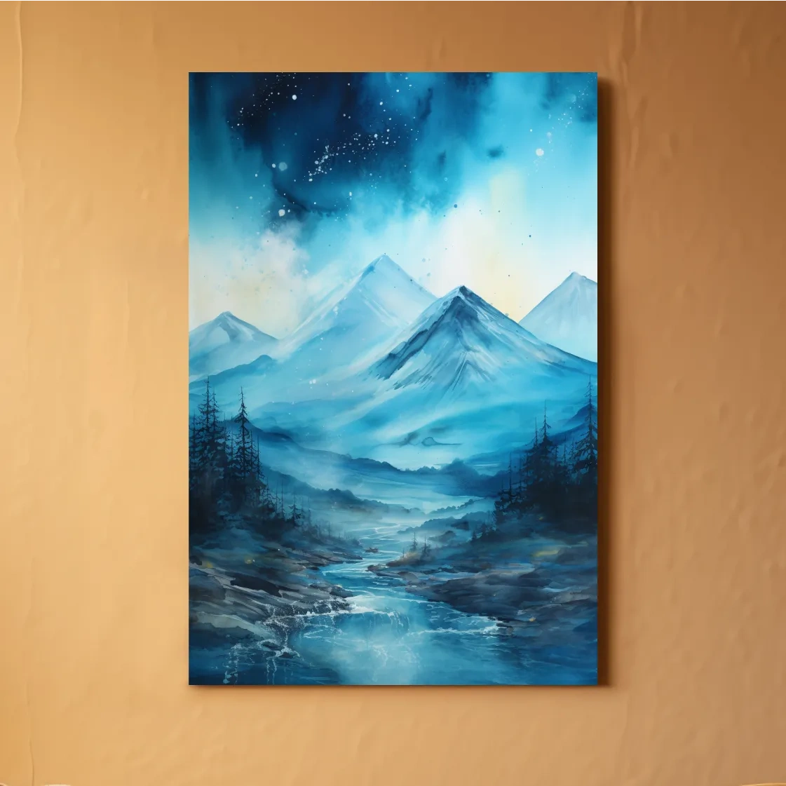 Watercolor painting, mountains under the stars