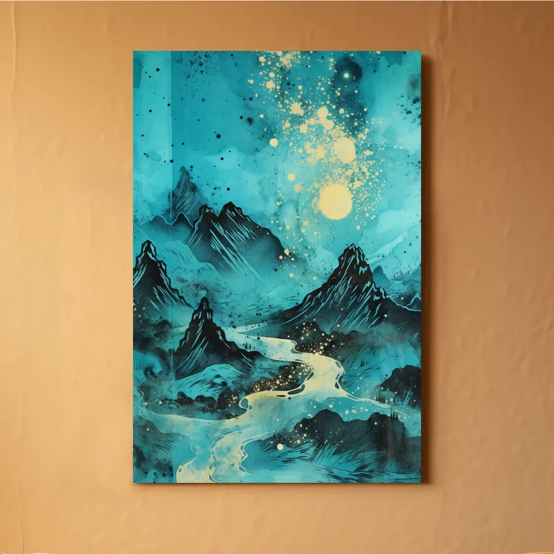 Abstract painting of a river through the mountains