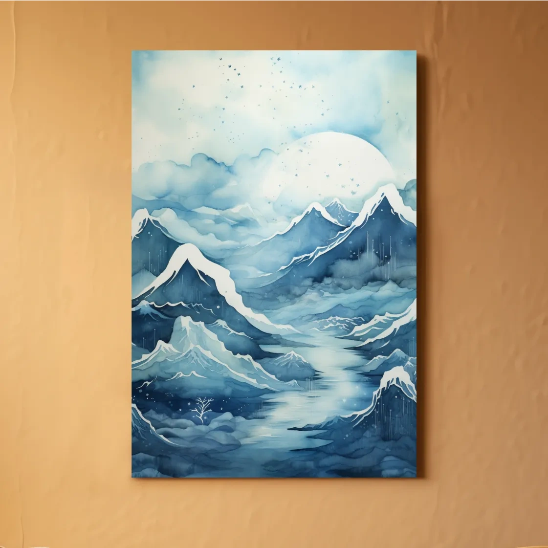 Watercolour painting, subtle blue snowy mountain peaks