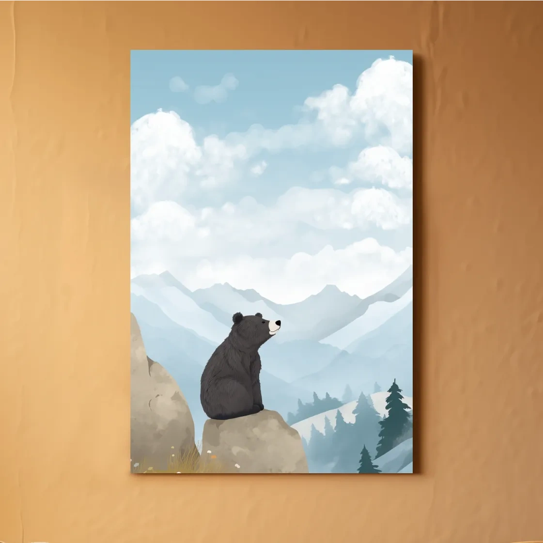 Whimsical Black Bear Mountain Landscape Illustration - Cute Animal Nursery Wall Art