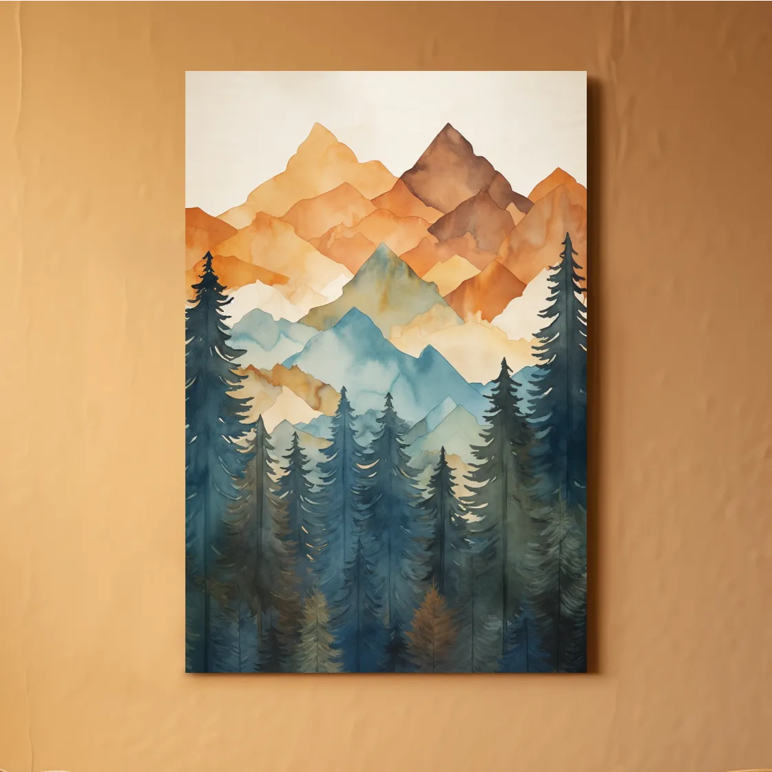 Simple watercolor painting of mountains and trees