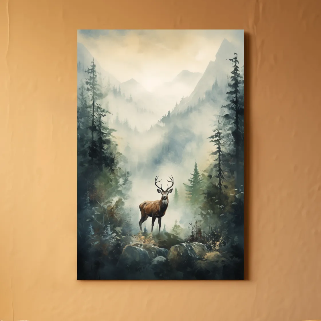 Watercolour painting of a deer standing in a misty forest