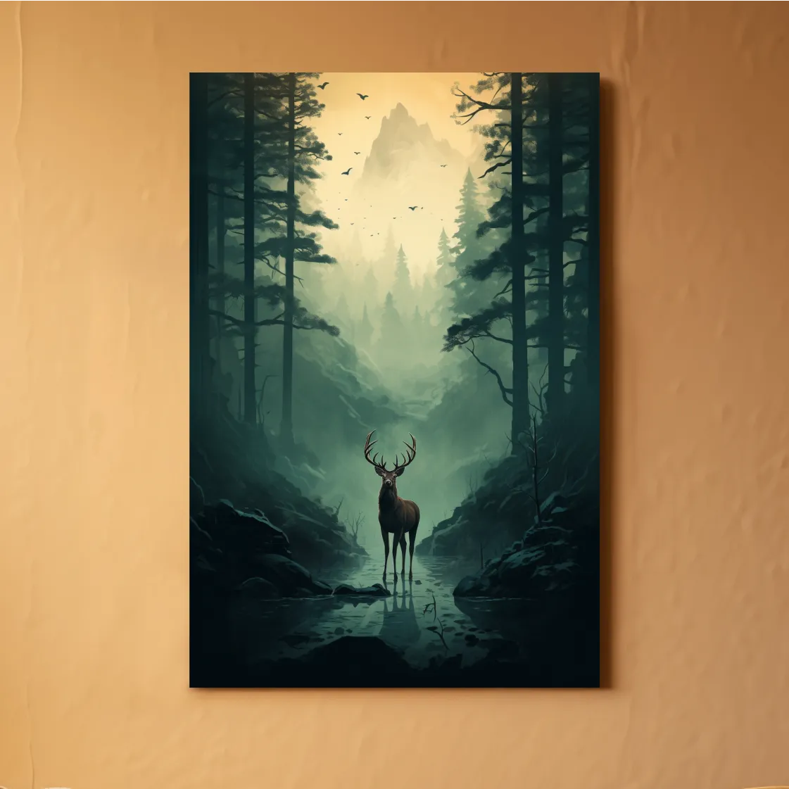 Moody Misty Forest Deer Stag Landscape - Atmospheric Wildlife Mountain Wall Art