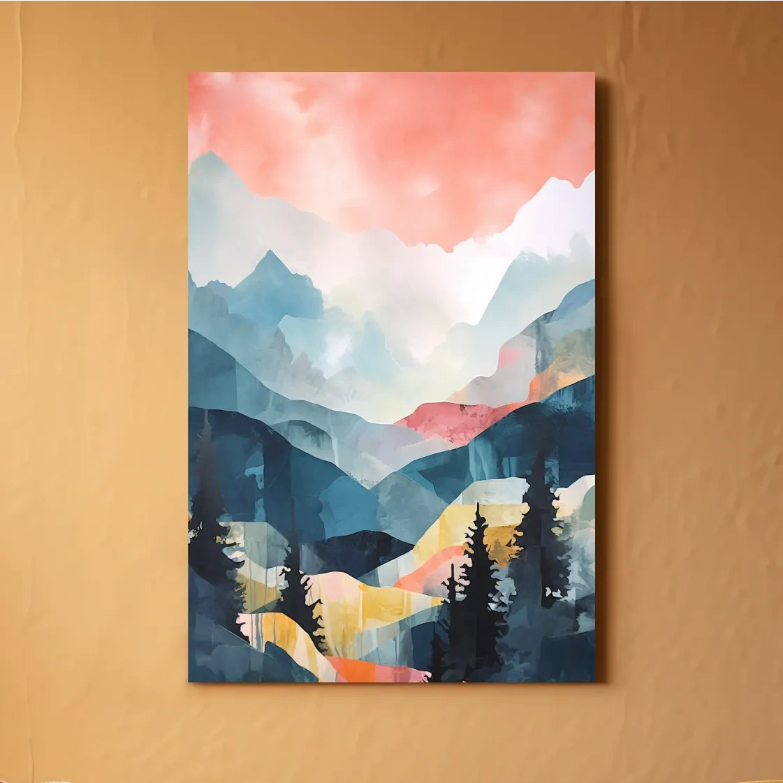 Abstract pastel painting - mountains and trees at sunset