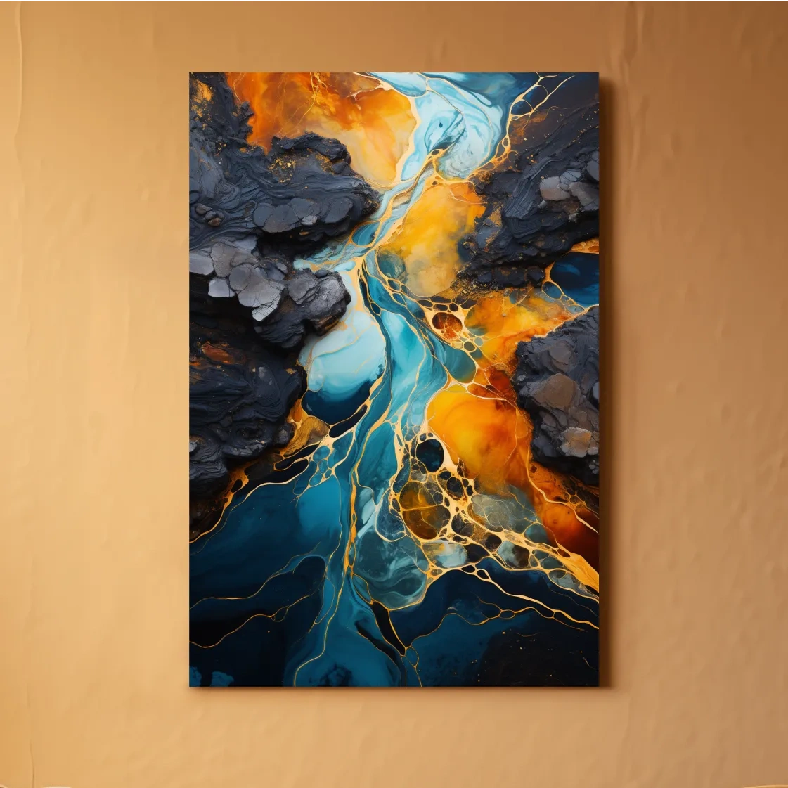 Elegant Gold And Teal Abstract Flowinf River - Alcohol Ink Style Wall Art