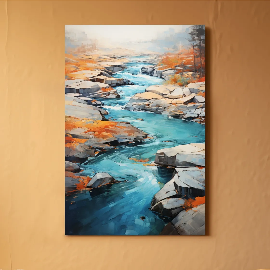 Serene painting of a river flowing through the rocks in fall
