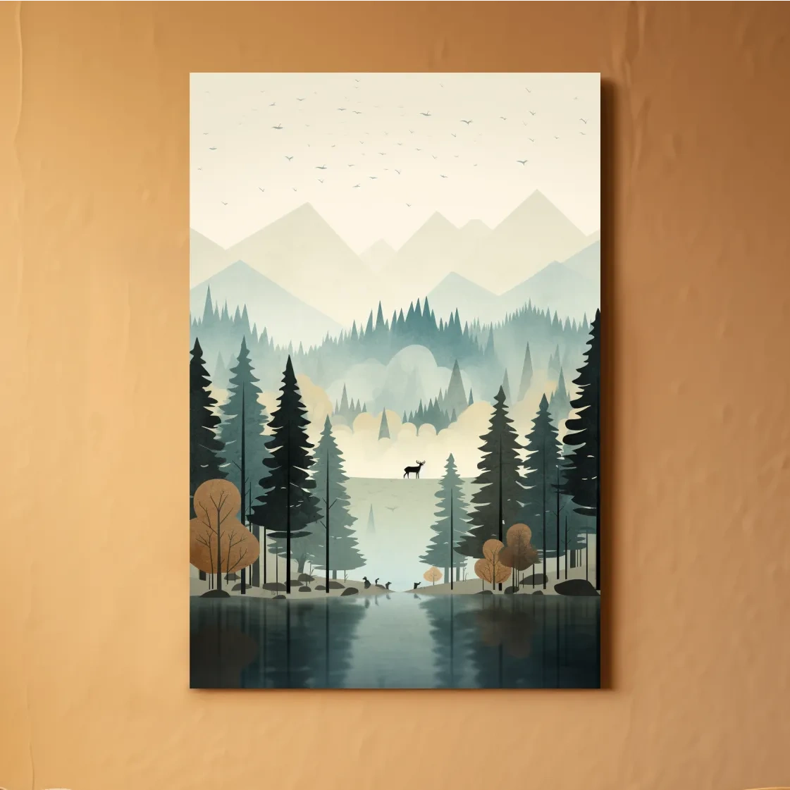 Mountain illustration, silhouette of a deer in a peaceful forest