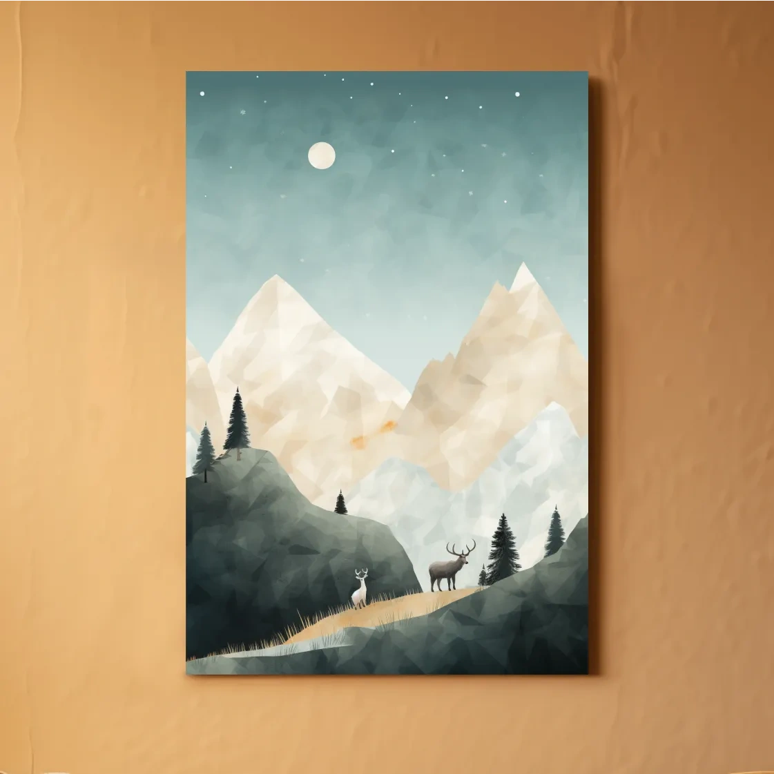 Mountain Deer Landscape Illustration - Minimalist Alpine Forest Wildlife Wall Art