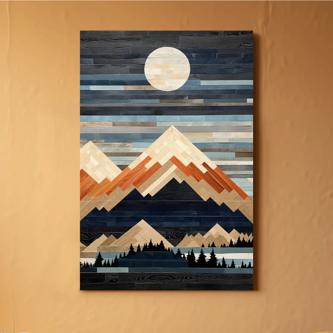 Geometric Wood Mosaic Mountain Range Under Full Moon - Modern Rustic Landscape Wall Art