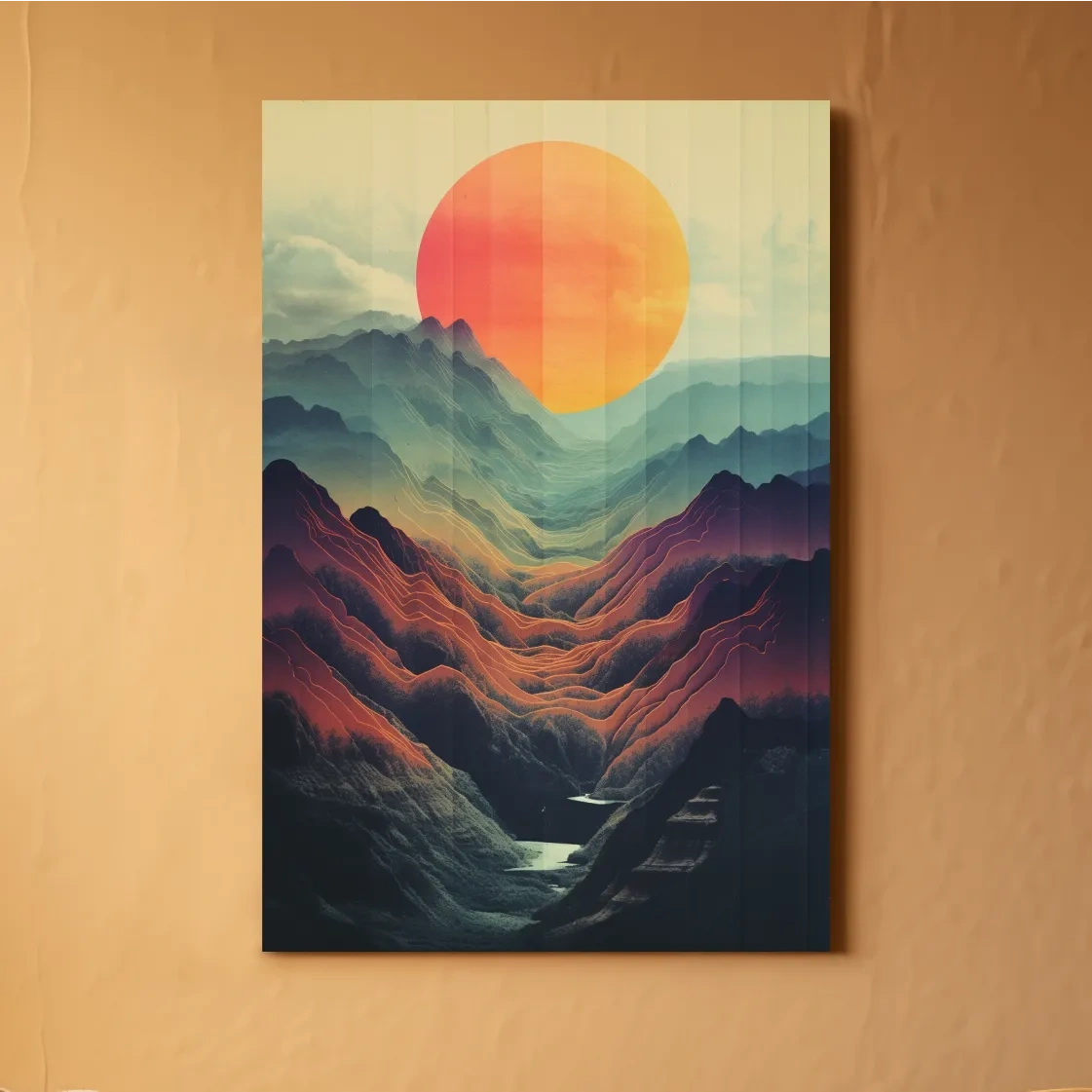 Illustrative art of a layered mountainous valley at sunset