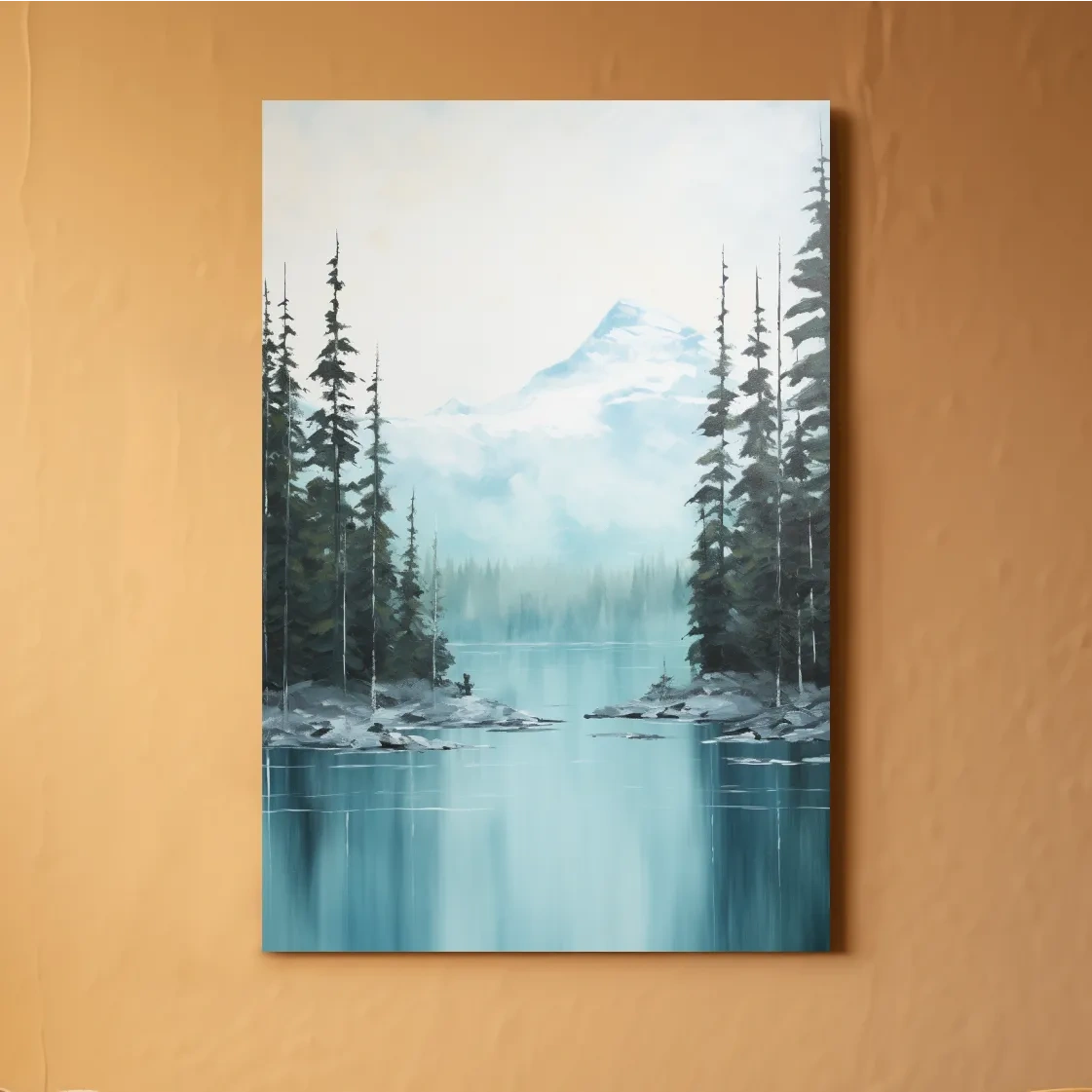 Serene painting of a turquoise Canadian alpine lake
