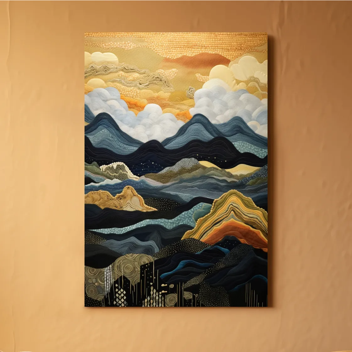 Elegant tapestry art, rolling mountain patterns