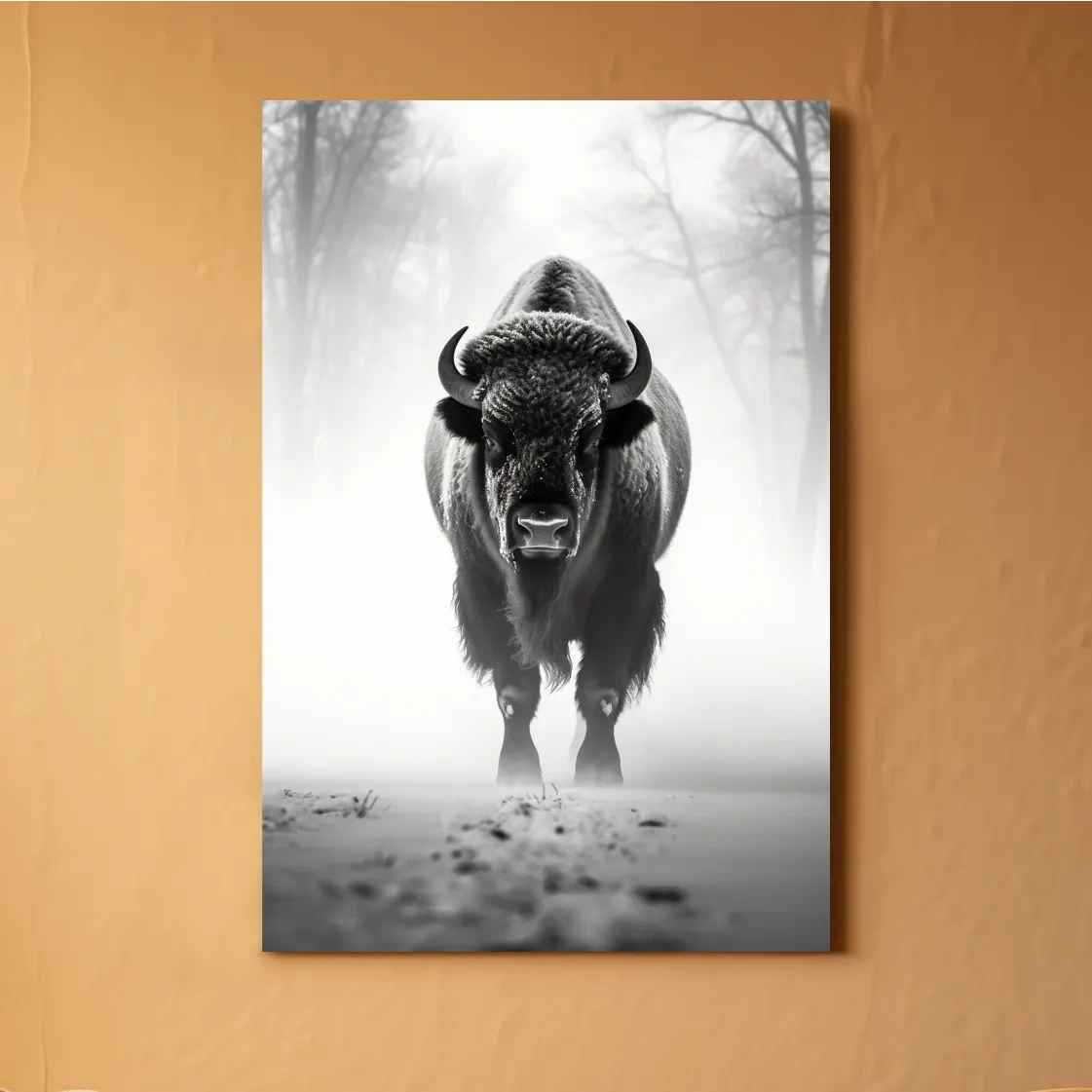 Black and white photo of a bison walking on snow