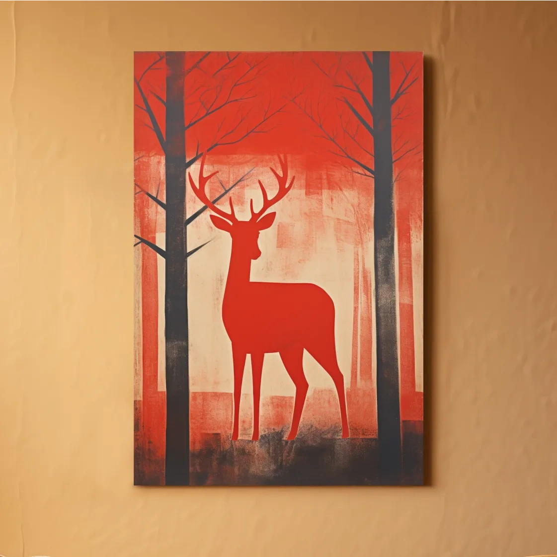 Rustic silhouette painting of a deer in the forest