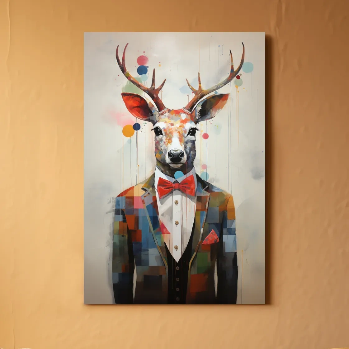 A collage style painting of a deer in a tuxedo