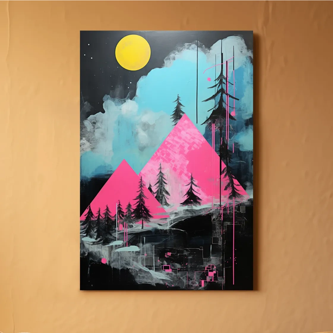 Pink and black acrylic painting, triangular abstract mountains