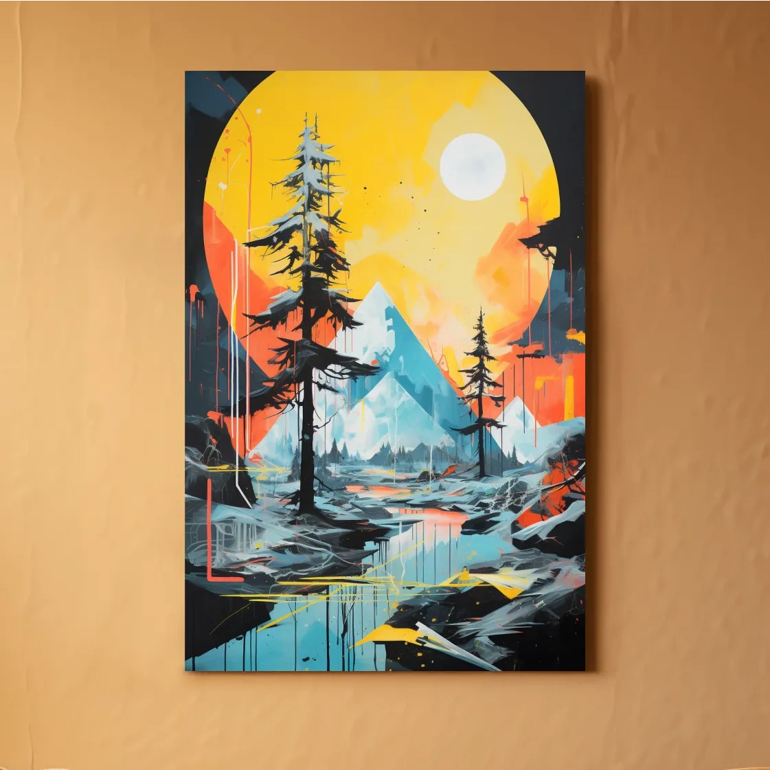 Abstract geometric painting of a glacier alpine landscape at sunset