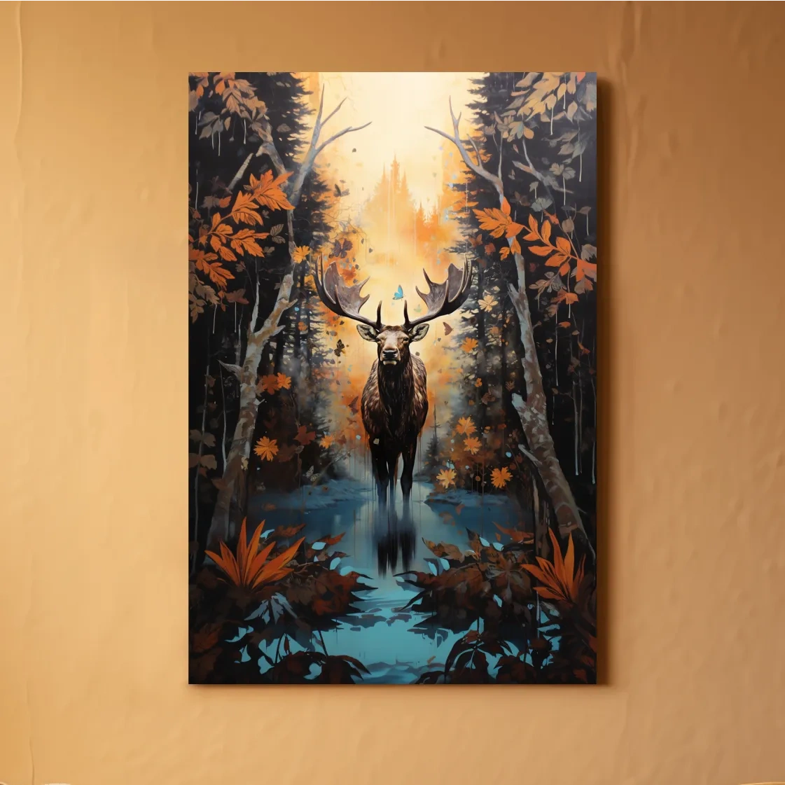 Painting of a moose in the woods in autumn