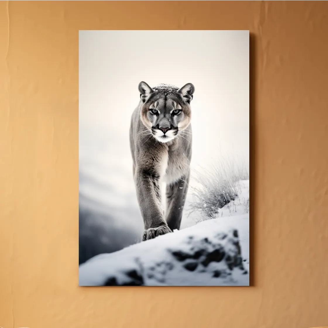 Photograph of a mountain lion walking in snow