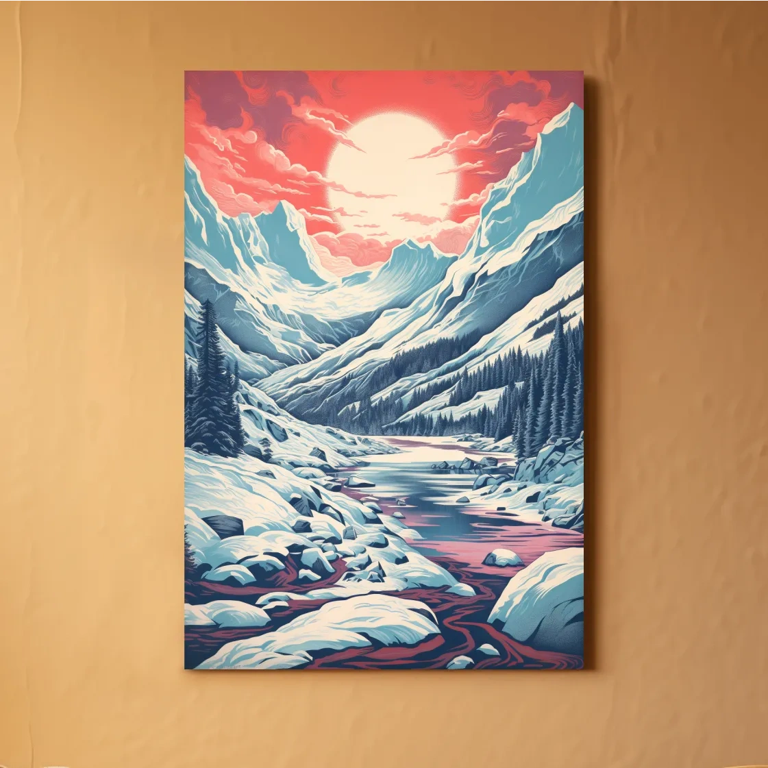 Illustration of an arctic valley at sunset