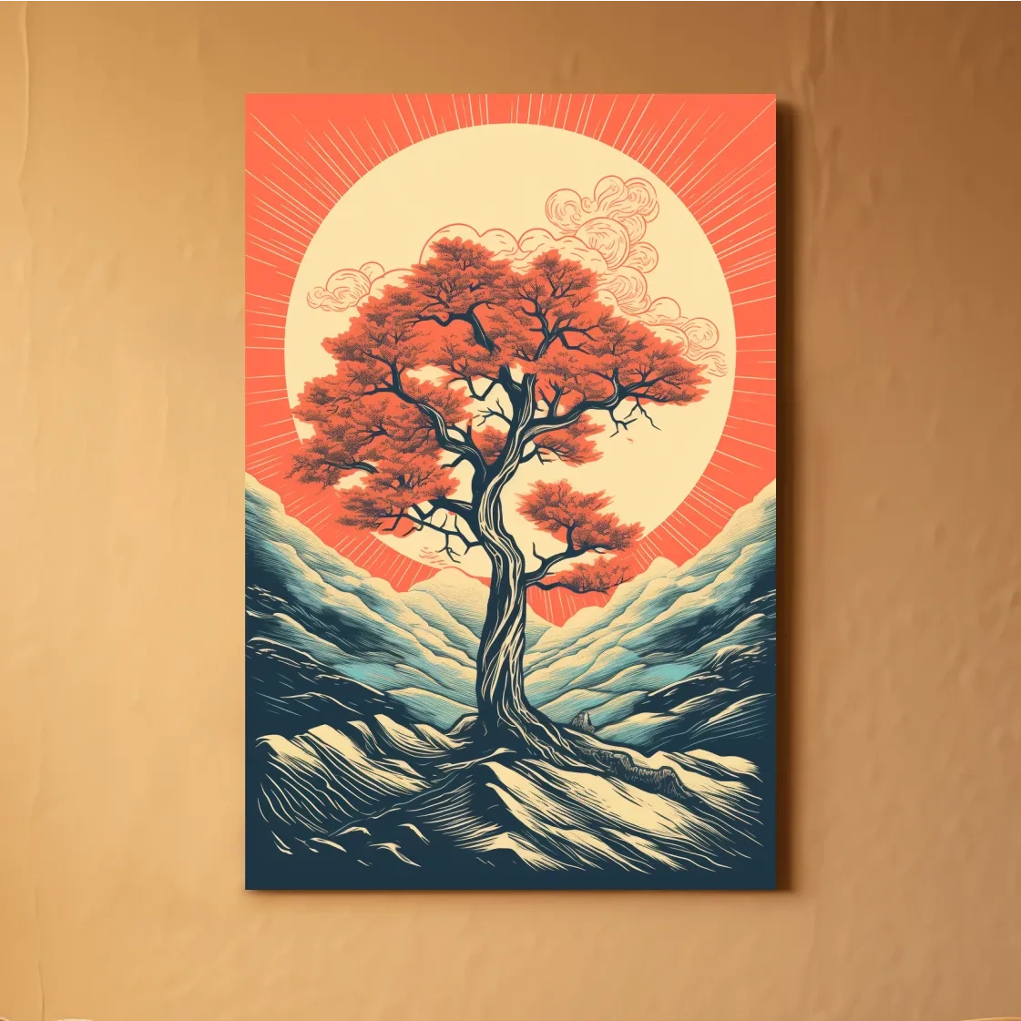 Dynamic vector illustration wall art poster of a tree at sunset