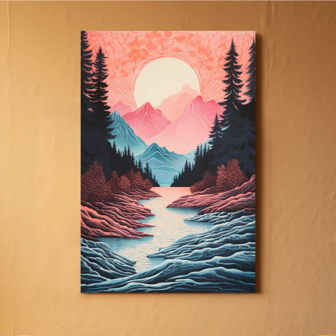 Risograph style illustration of an alpine valley at sunset
