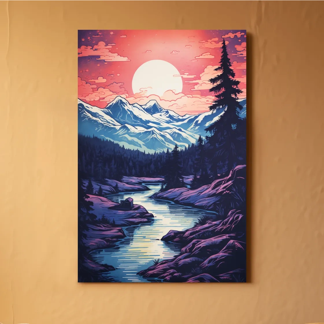 Surreal illustration of sunset over a glacier alpine scene