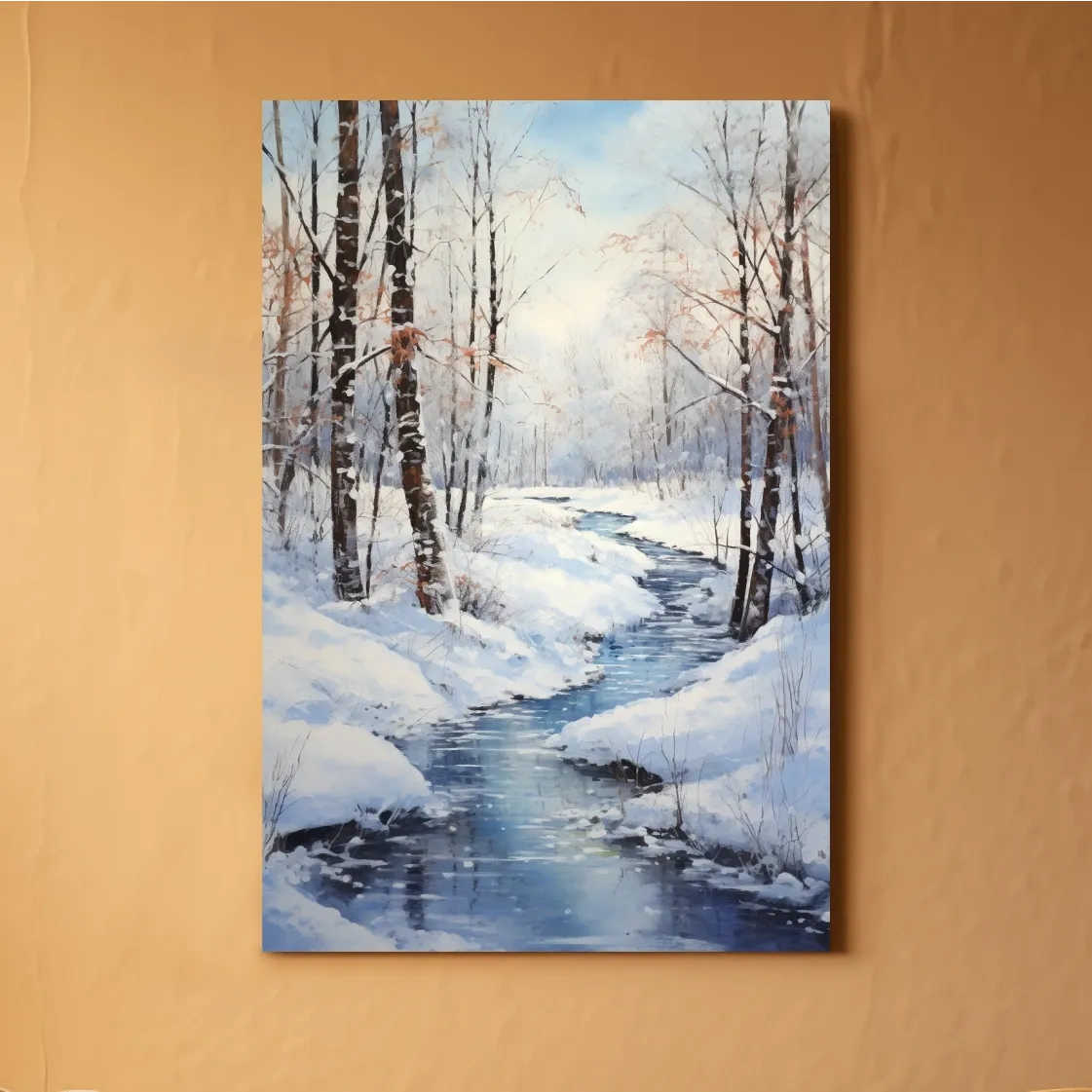 Oil painting of a stream running through a winter scene