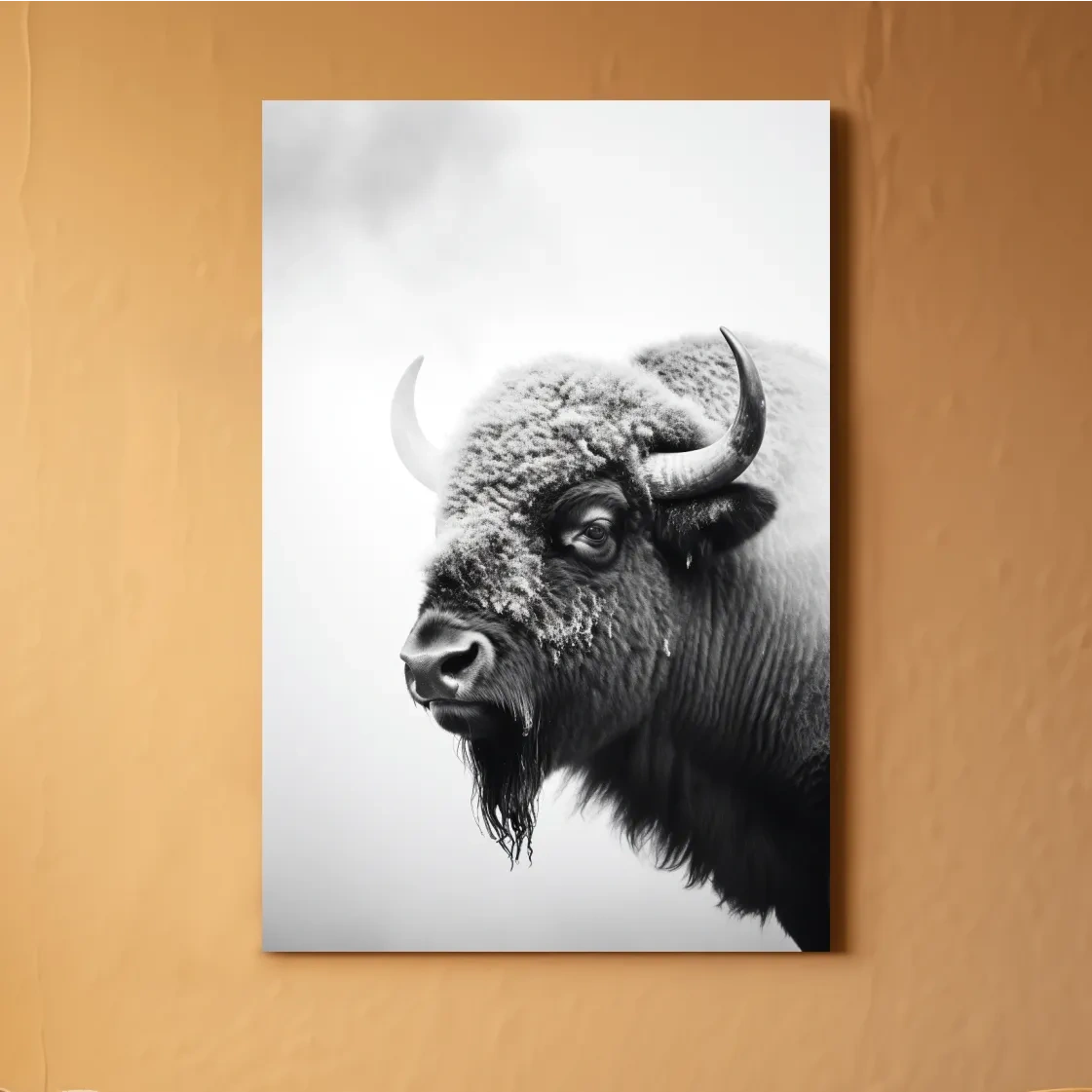 Moody Black And White Bison Portrait - Minimalist Photographic Wildlife Wall Art
