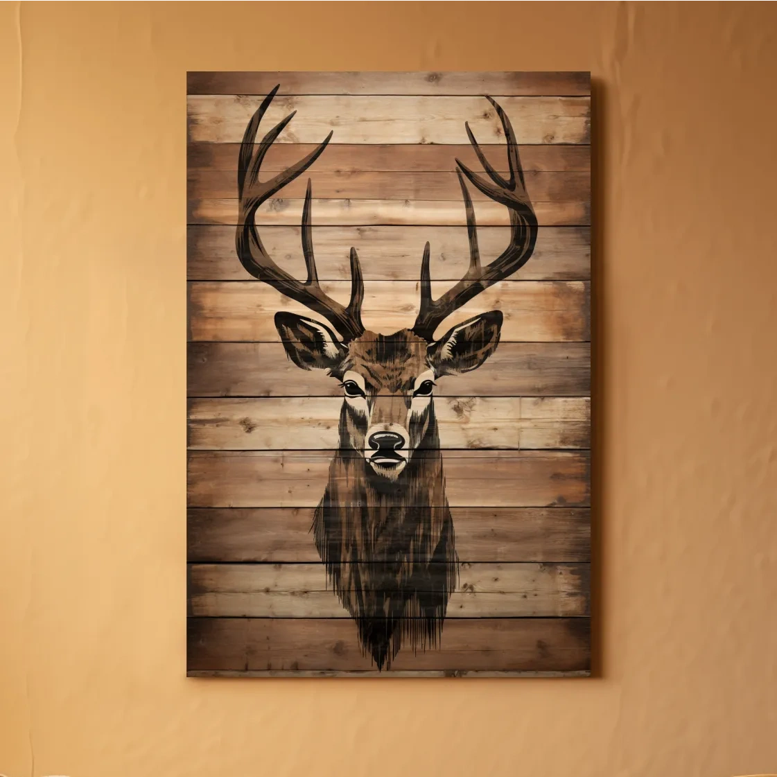 Wood burning art, deer head on wooden panels