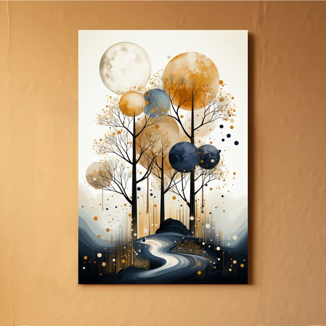 Surreal Golden Moonlit Forest River - Chic Boho Landscape Wall Art