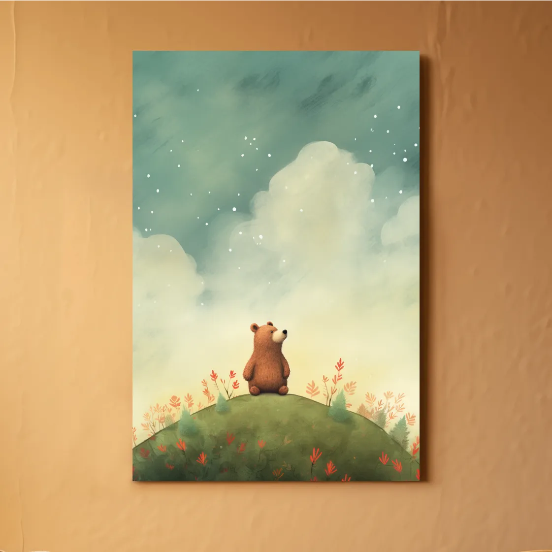 Nursery artwork, illustration of a cute happy bear gazing into the night sky