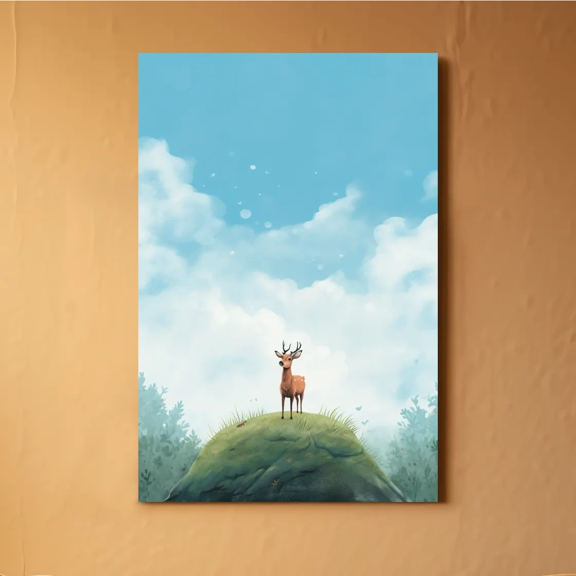 Whimsical Watercolor Deer on Grassy Hill - Serene Woodland Nursery Wall Art