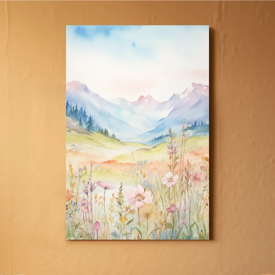 Watercolour painting of pastel flowers in the alpine meadows, floral artwork