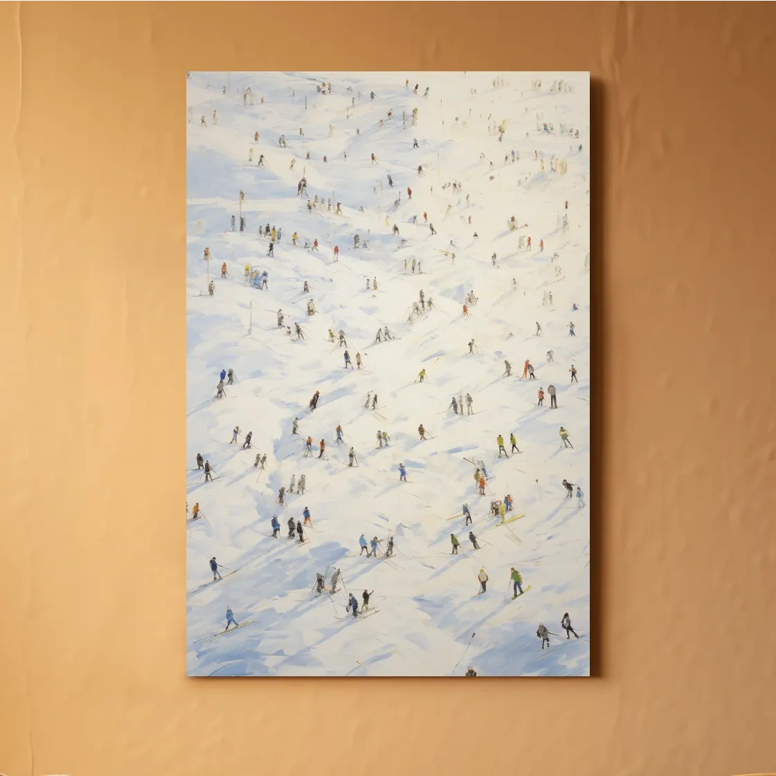 Painting of an aerial view of lots of skiers at a ski resort
