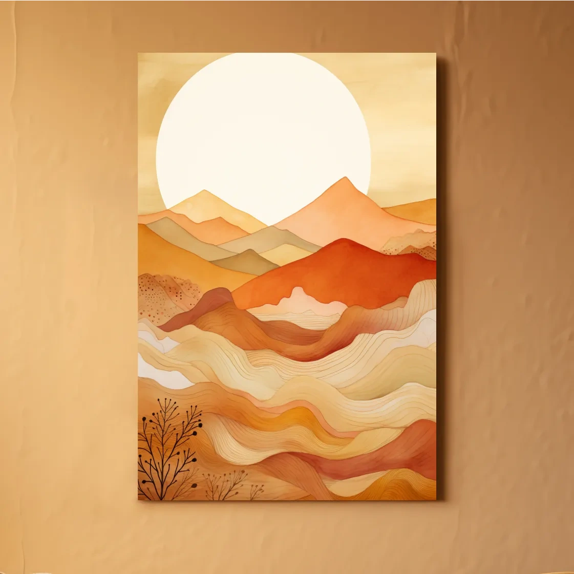 Watercolour illustration of mountain art shapes at sunset