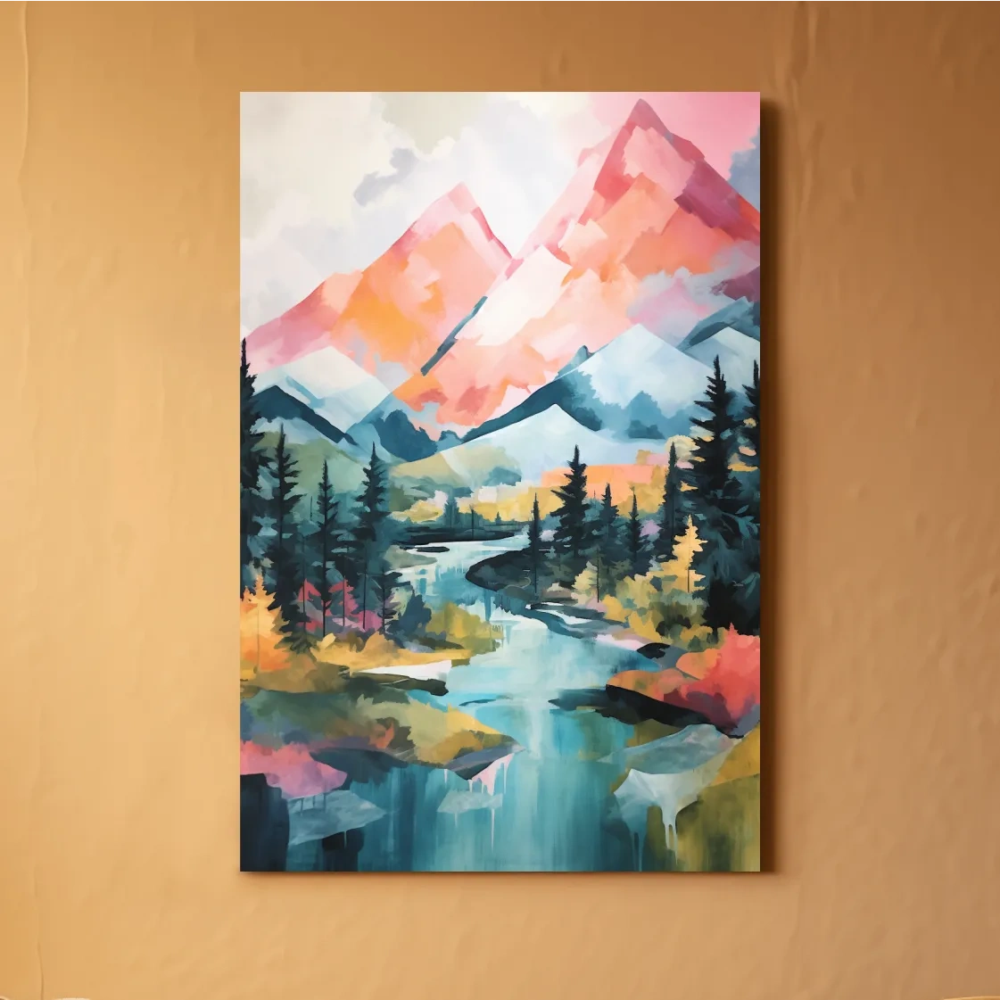 Vibrant Mountain River Landscape Painting - Colorful Alpine Forest Wall Art